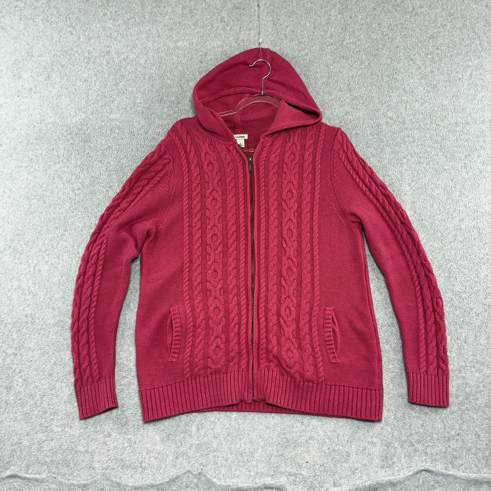 LL Bean Sweater Womens Large Pink Cable Knit Cotton‎ Full Zip Hoodie L Jacket